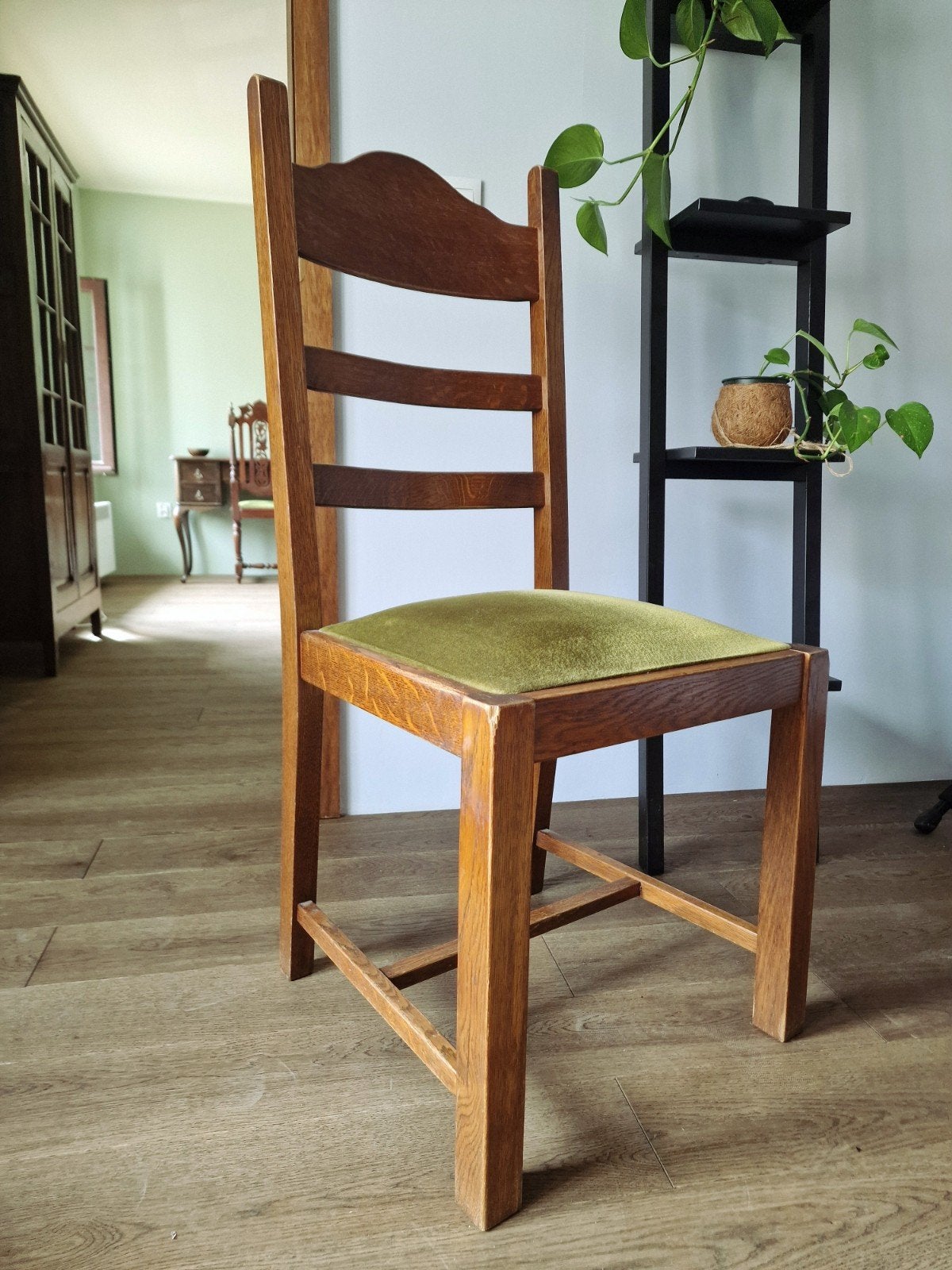 Lot de 6 chaises en chêne massif et velours vert olive, Enlèvement, Bois