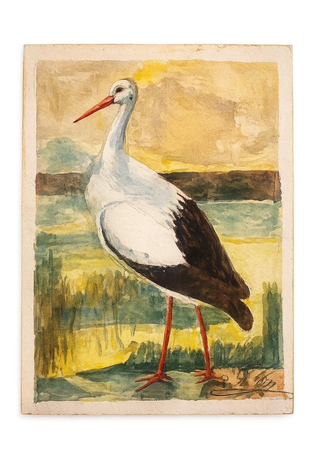 Originele Aquarel – Ooievaar aan het Water | Gesigneerd, Antiek en Kunst, Gesigneerd, Ophalen of Verzenden