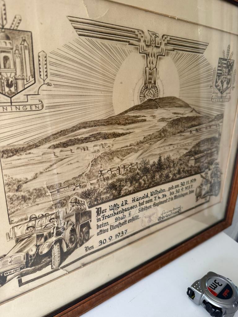 Prachtige ingelijste oorkonde Wehrmacht soldaat, Verzamelen, Ophalen of Verzenden