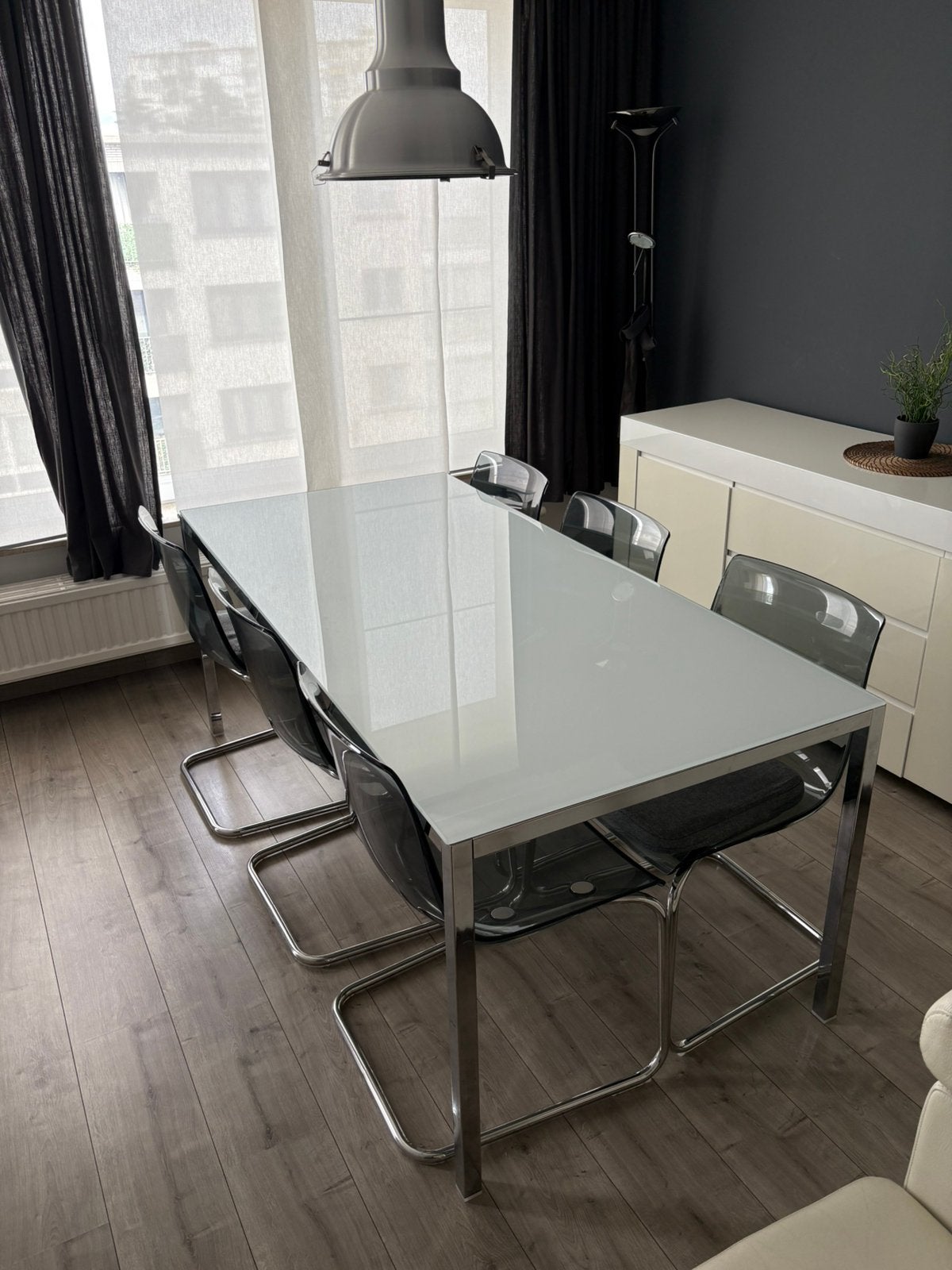 Tafel + 6 stoelen te koop, Cinq personnes ou plus, Verre, Comme neuf, Enlèvement