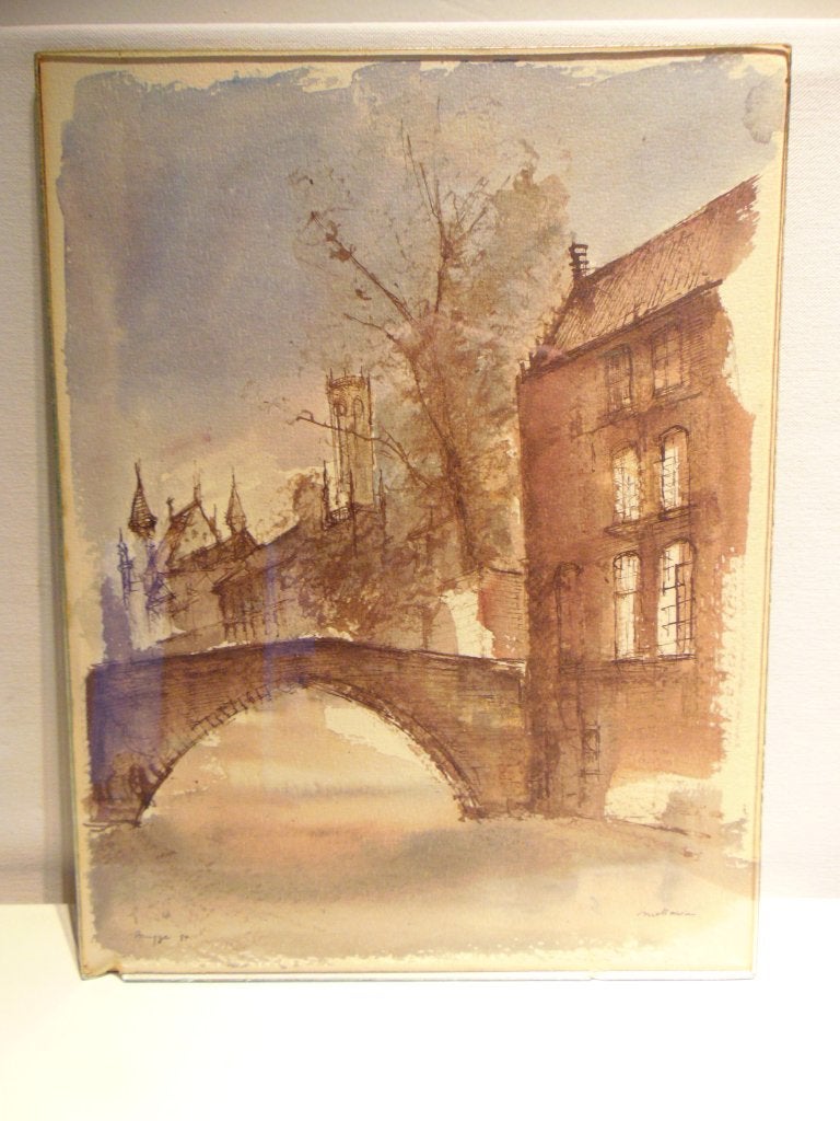 Aquarelle en sépia, ville de Bruges, Enlèvement ou Envoi, Aquarelle, Autres styles, Paysage urbain / rural