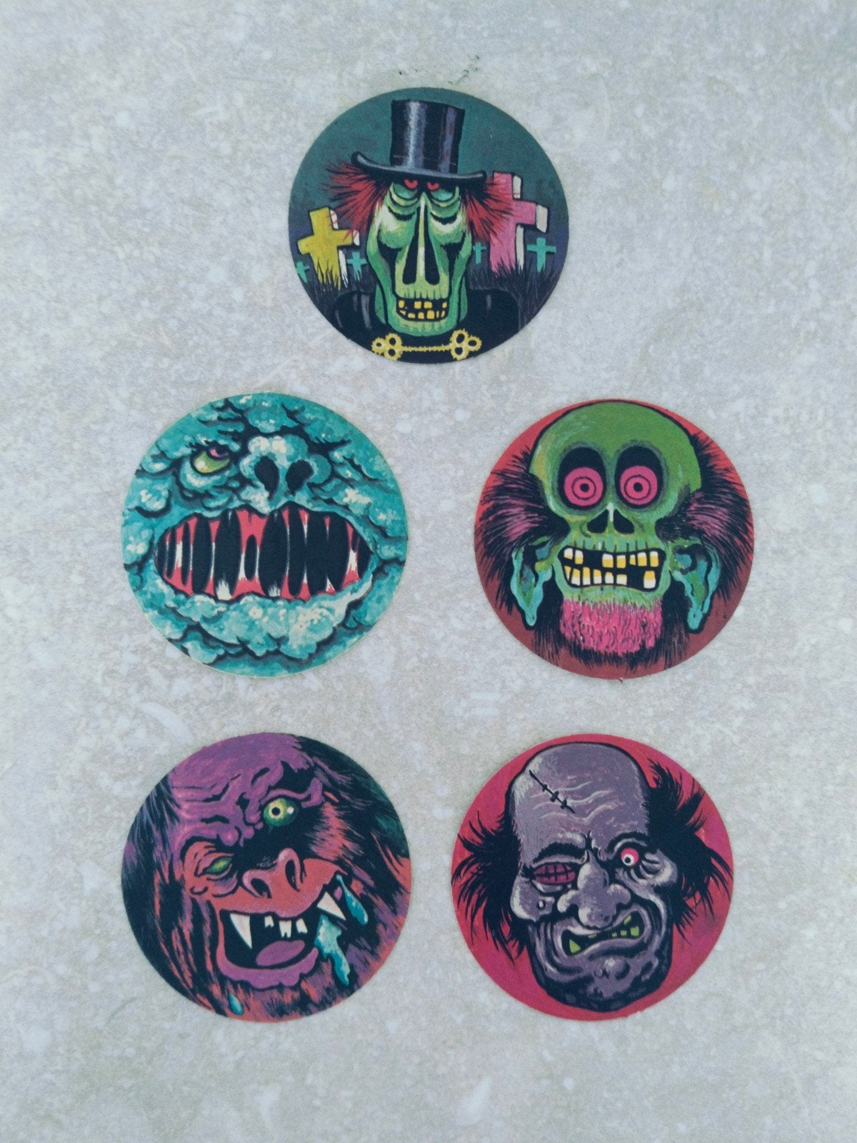 5 vintage horror stickers Monty gum 1972, Collections, Enlèvement ou Envoi