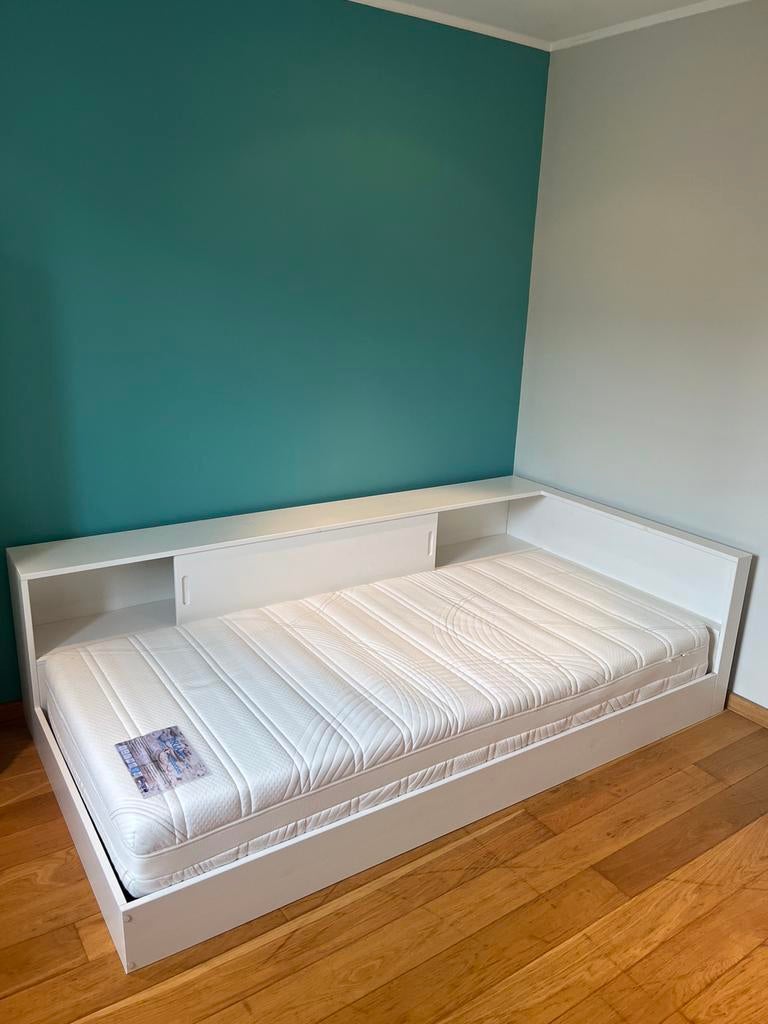 Cadre de lit 1 personne  + sommier, Enlèvement, Comme neuf, Blanc, Bois