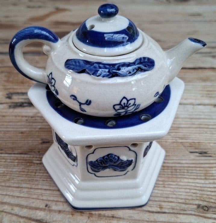 Vintage geurbrander, theepotje, theelichtje, creme/ blauw, Ophalen of Verzenden