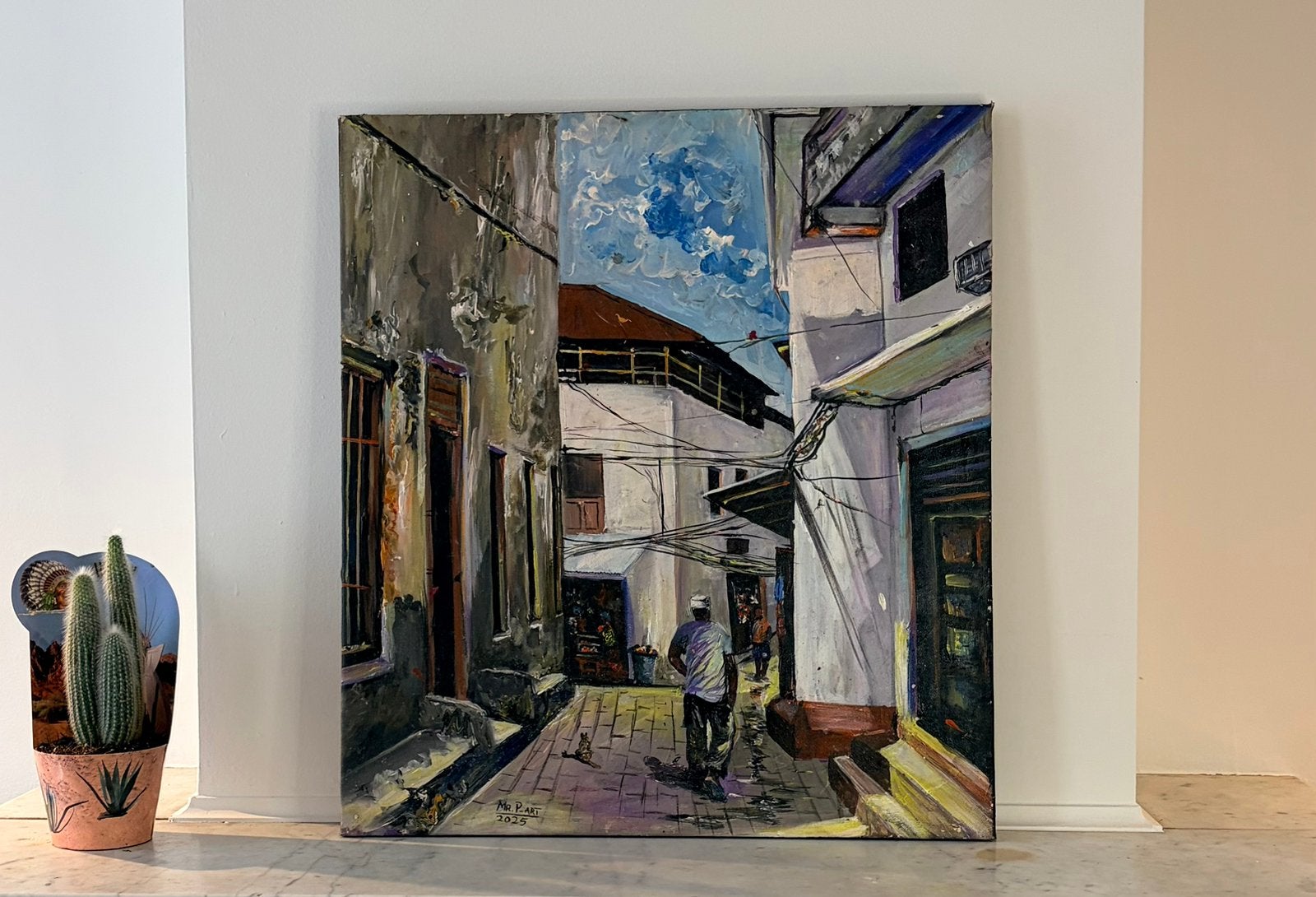Stone Town – origineel schilderij, Ophalen of Verzenden, Olieverf, Stadsgezicht, Gesigneerd