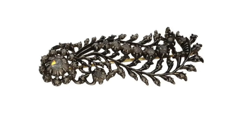 Grote diamanten 14k goud fraai veer broche friesland antiek, Handtassen en Accessoires, Ophalen of Verzenden, Goud, Broche, Met edelsteen