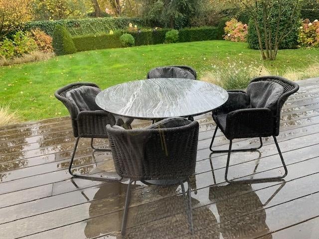 tuintafel met 4 zeteltjes (+kussentjes), Ophalen, Zo goed als nieuw, Rond