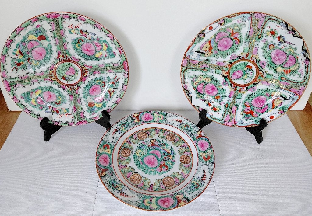 Ensemble de 3 assiettes chinoises Famille Rose/Canton ann 50, Antiquités & Art, Sculpture, Enlèvement ou Envoi, Pierre/céramique