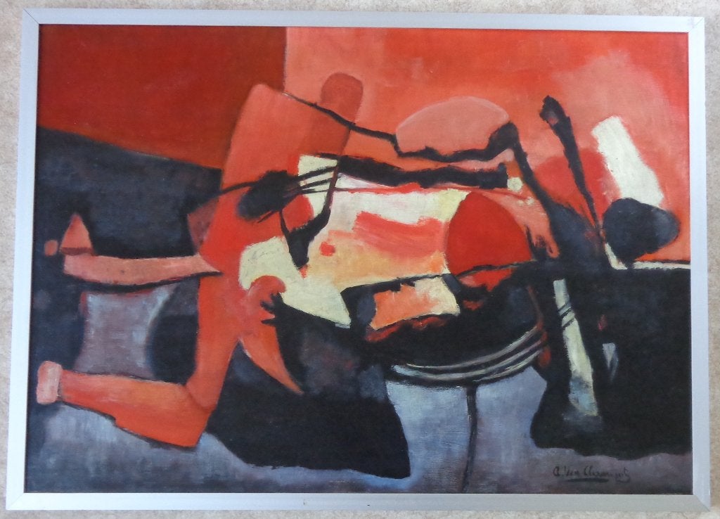 A. VAN CLEEMPUT / RODE ABSTRACTIE / OLIEVERF 77x105cm KADER, Ophalen