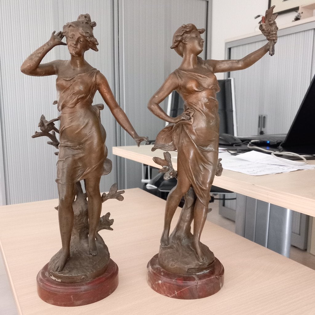 beeldjes op marmeren voet, Antiek en Kunst, Antiek | Tin, Ophalen