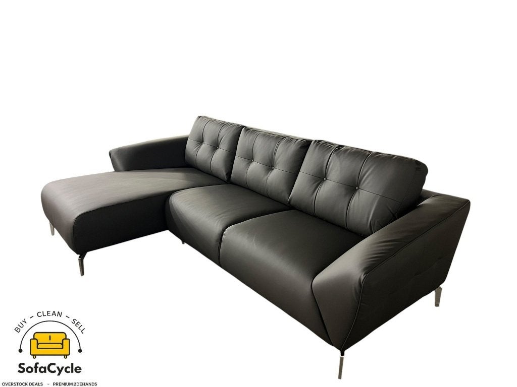 Hoekzetel antraciet skai leder, capitonné, links – nieuw, Gebruikt, Zonnestraat 223-229, 9600 Ronse, België, Info@sofacycle.be