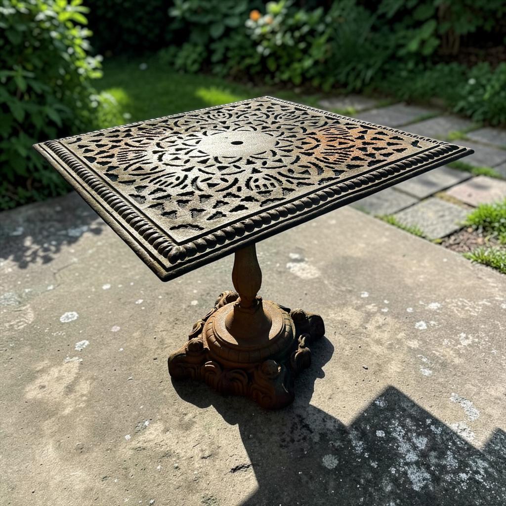 Antieke gietijzeren tuintafel met open decor blad, Ophalen