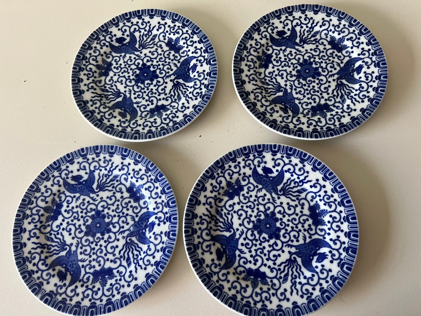 4 Vintage Japanse Blauw-Wit Borden – Phoenix Bird / Feniks, Ophalen