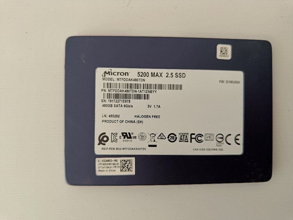 Micron5200 MAX480GB 2,5"SSD voor bedrijvenSATA MTFDDAK480TDN, Intern, Nieuw, Ophalen of Verzenden, Micron