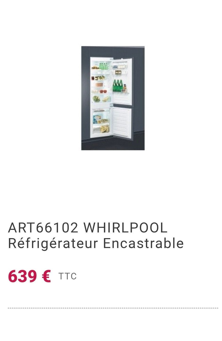 Combi Réfrigérateur Congélateur Intégrable 177cm WHIRLPOOL, Enlèvement, Rayon Fruits et Légumes
