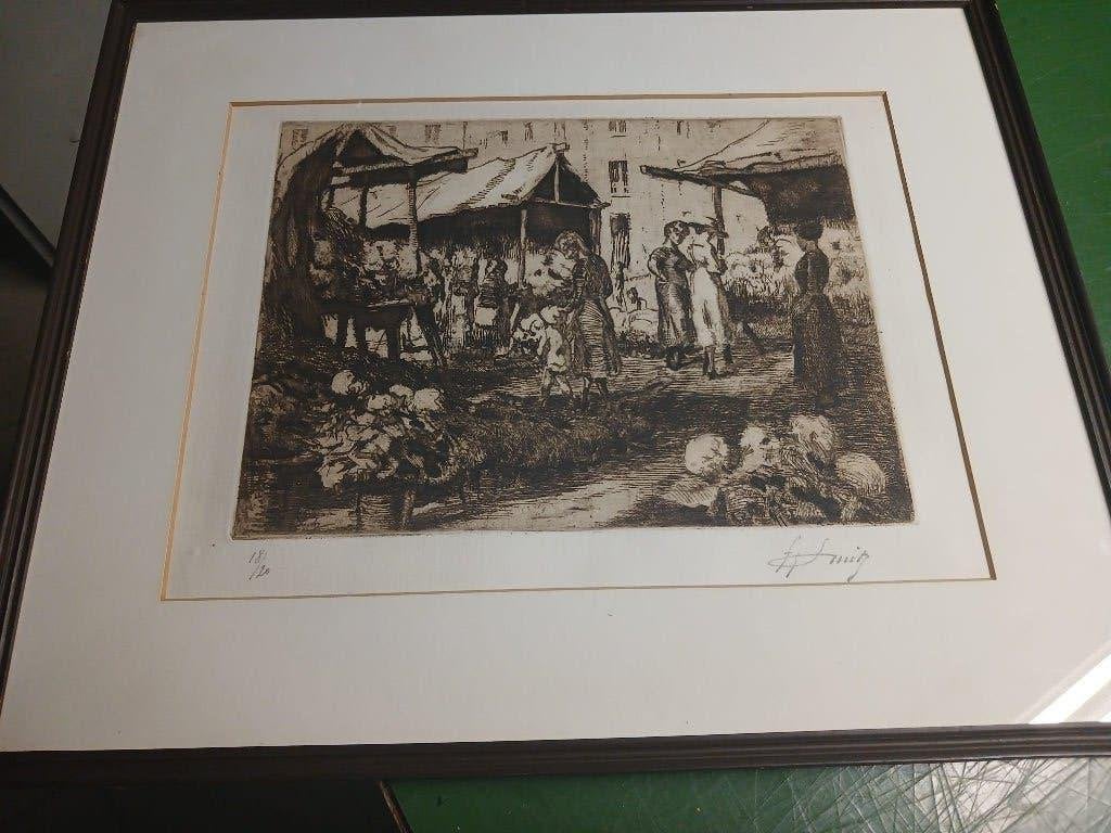 gesigneerde ets Markt tafereel, Ophalen of Verzenden, Ets, Gesigneerd