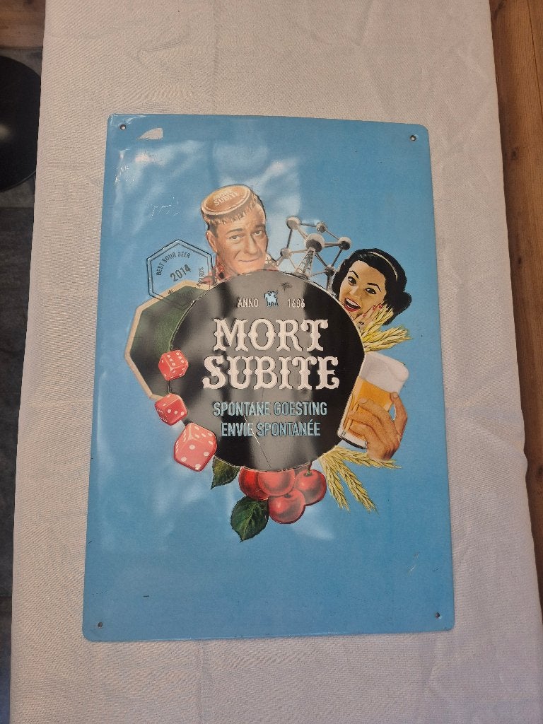 Mort Subite metalen reclamebord – Belgisch bier – 60  40 cm, Ophalen, Zo goed als nieuw, Reclamebord, Plaat of Schild, Overige merken