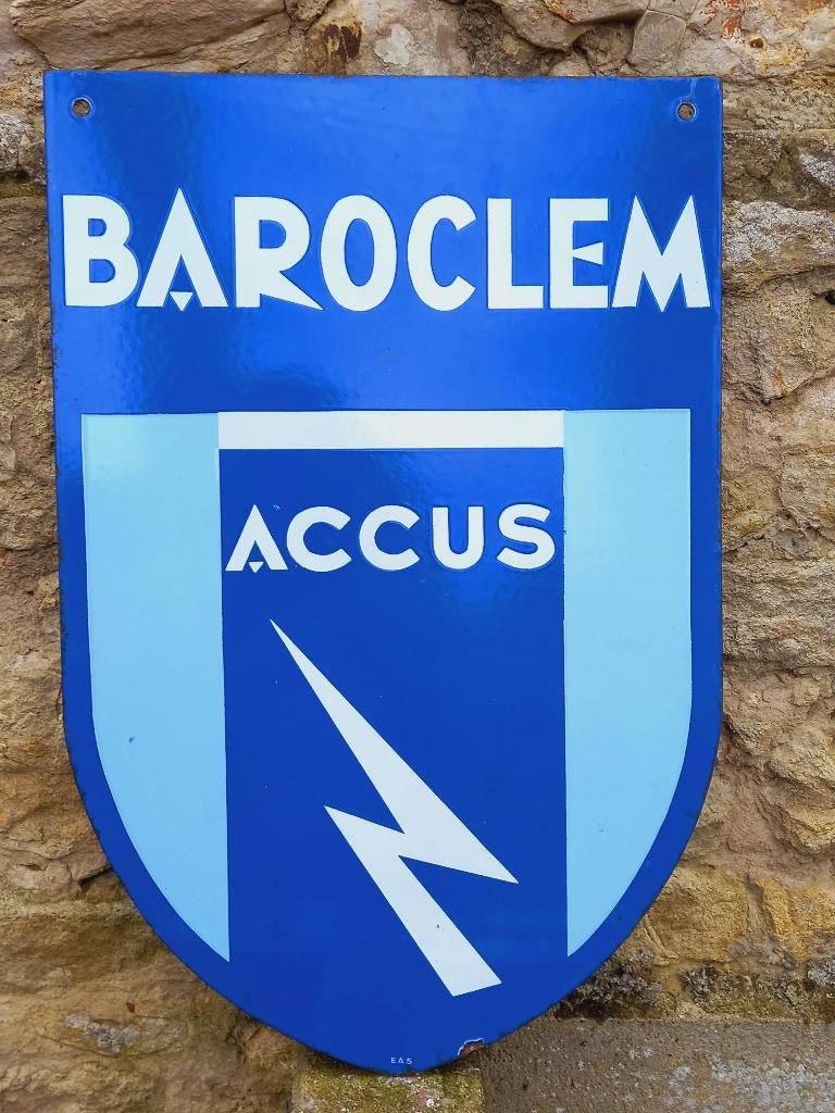 panneau publicitaire émaillé double face Accus BAROCLEM, Enlèvement ou Envoi, Comme neuf, Panneau publicitaire