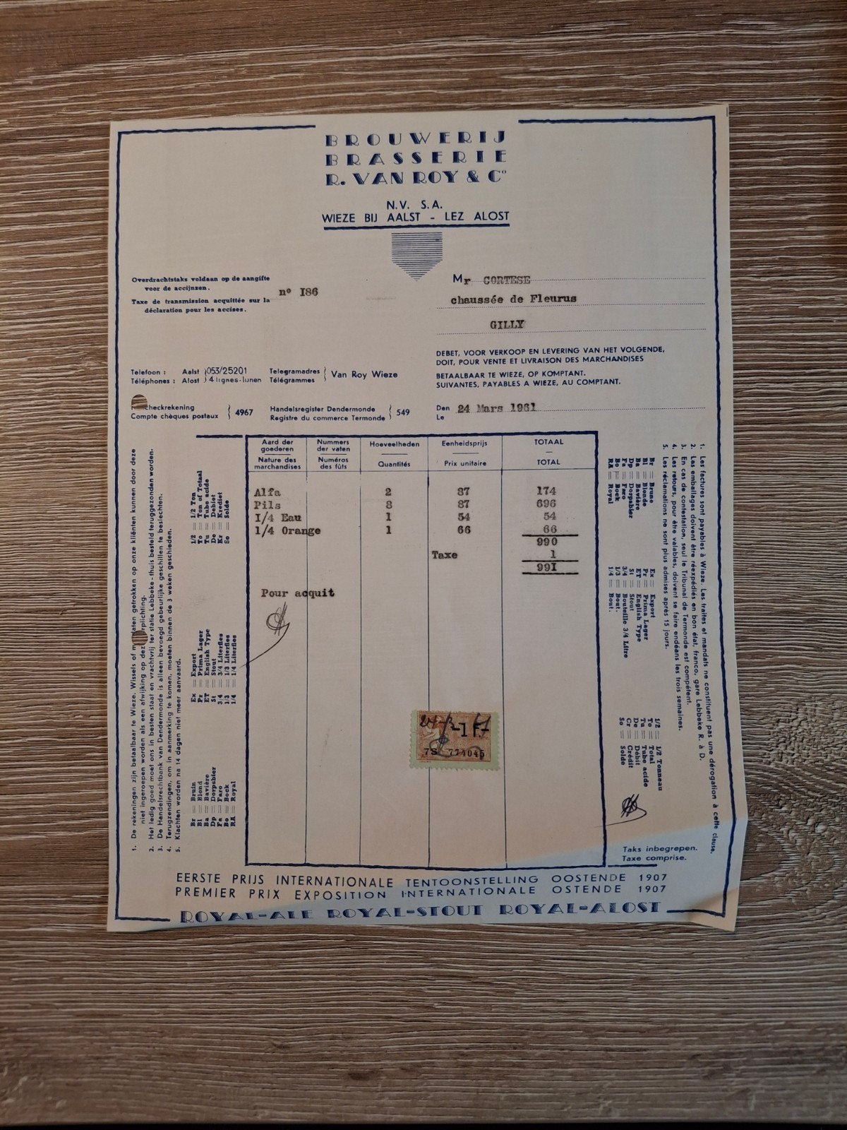factuur van roy wieze 1961, Ophalen of Verzenden