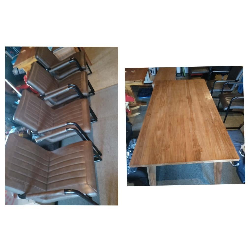Teak eettafel met 4 lederen stoelen, Ophalen, Gebruikt, Teakhout, 50 tot 100 cm