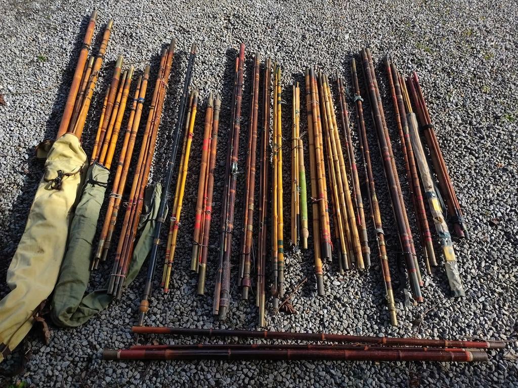Lot de 20 cannes à pêche anciennes en bambou faites main, pe, Enlèvement
