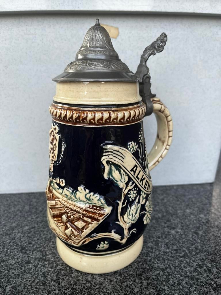 Bierpul met tinnen deksel Cristal Alken midelste model, Verzamelen, Biermerken, Ophalen of Verzenden