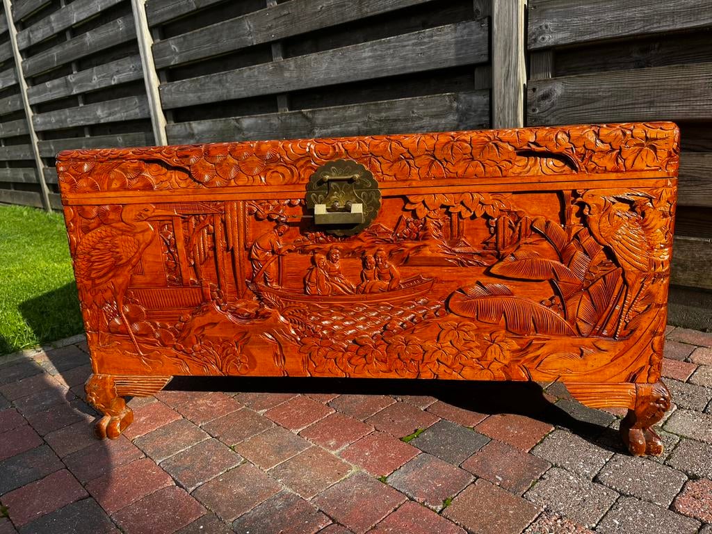 Handcarved chinese kist, Ophalen, Gebruikt, 100 tot 150 cm, 50 tot 75 cm