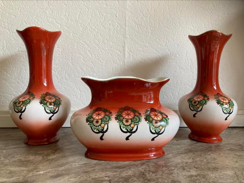 Schouwgarnituur vazen set art deco jaren 30 Nimy, Antiek en Kunst, Antiek | Keramiek en Aardewerk, Ophalen