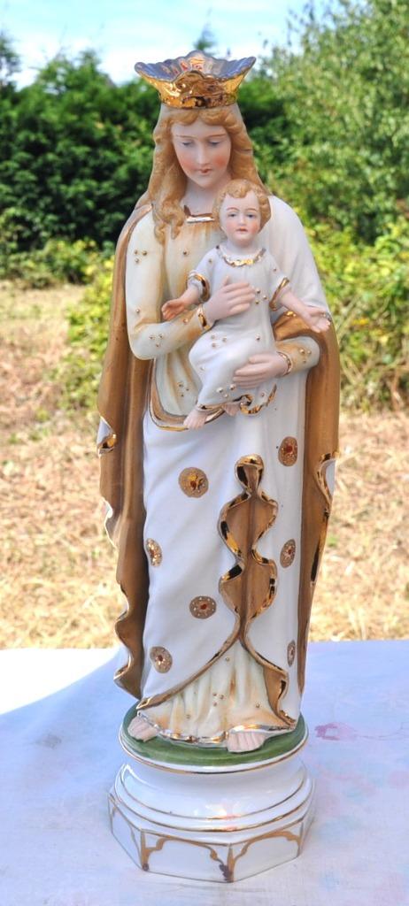vierge couronnée a l'enfant en biscuit et porcelaine, Ophalen of Verzenden