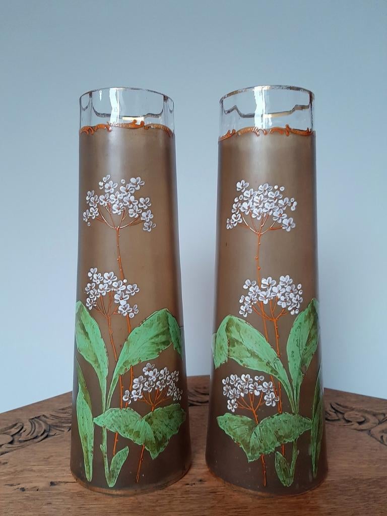 Art nouveau vazen in geëmailleerd glas 31,5 cm hoog, Ophalen of Verzenden, Goud