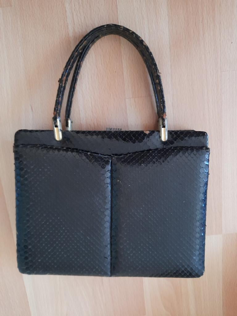 Vintage! Ancien sac à main cuir noir, Enlèvement ou Envoi, Utilisé, Noir, Sac à main