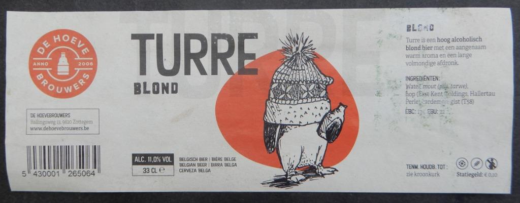 Bieretiket Turre Blond Brouwerij De Hoeve Brouwers (10v0), Verzenden, Gebruikt