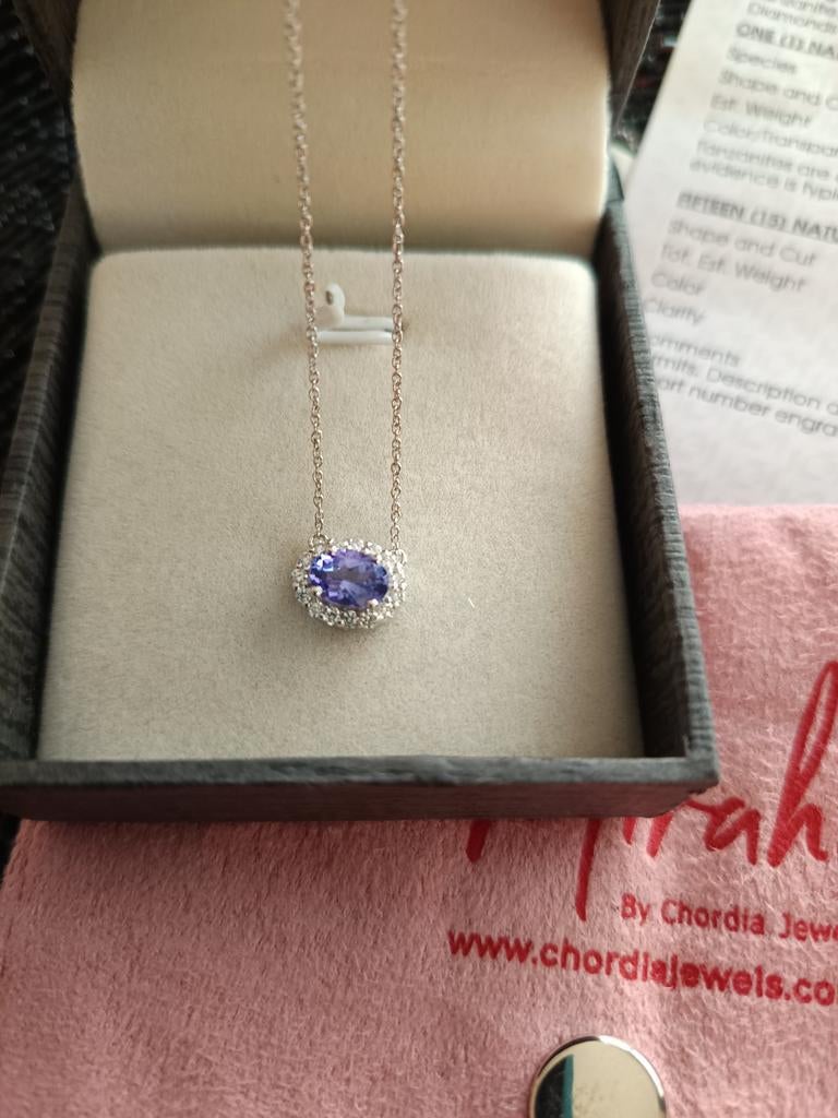 Collier 14 carats avec tanzanite naturelle et diamants natur, Enlèvement ou Envoi, Comme neuf