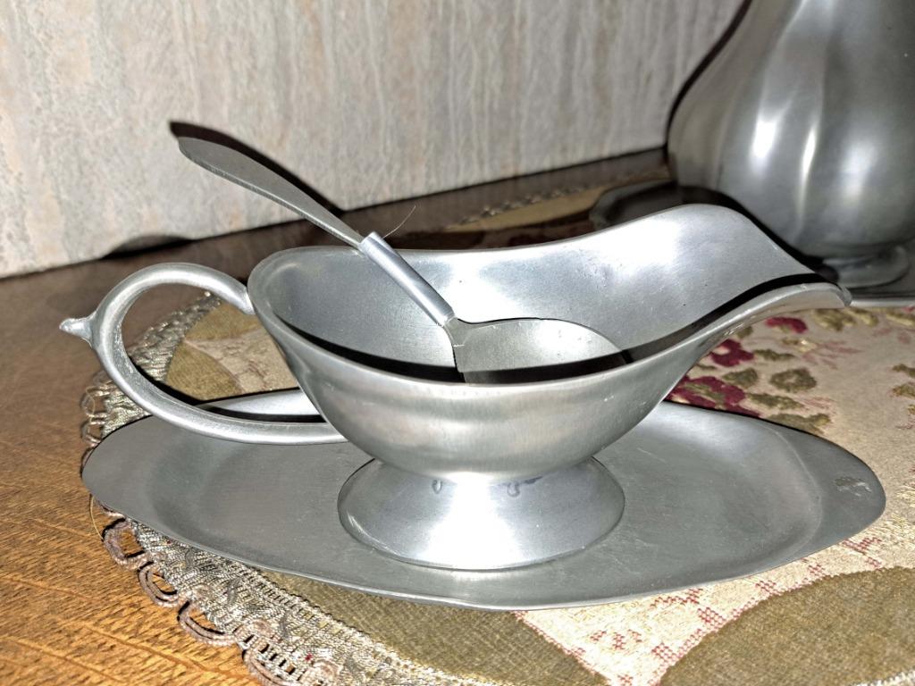 Tinnen sauspan met schotel, Antiek en Kunst, Ophalen of Verzenden