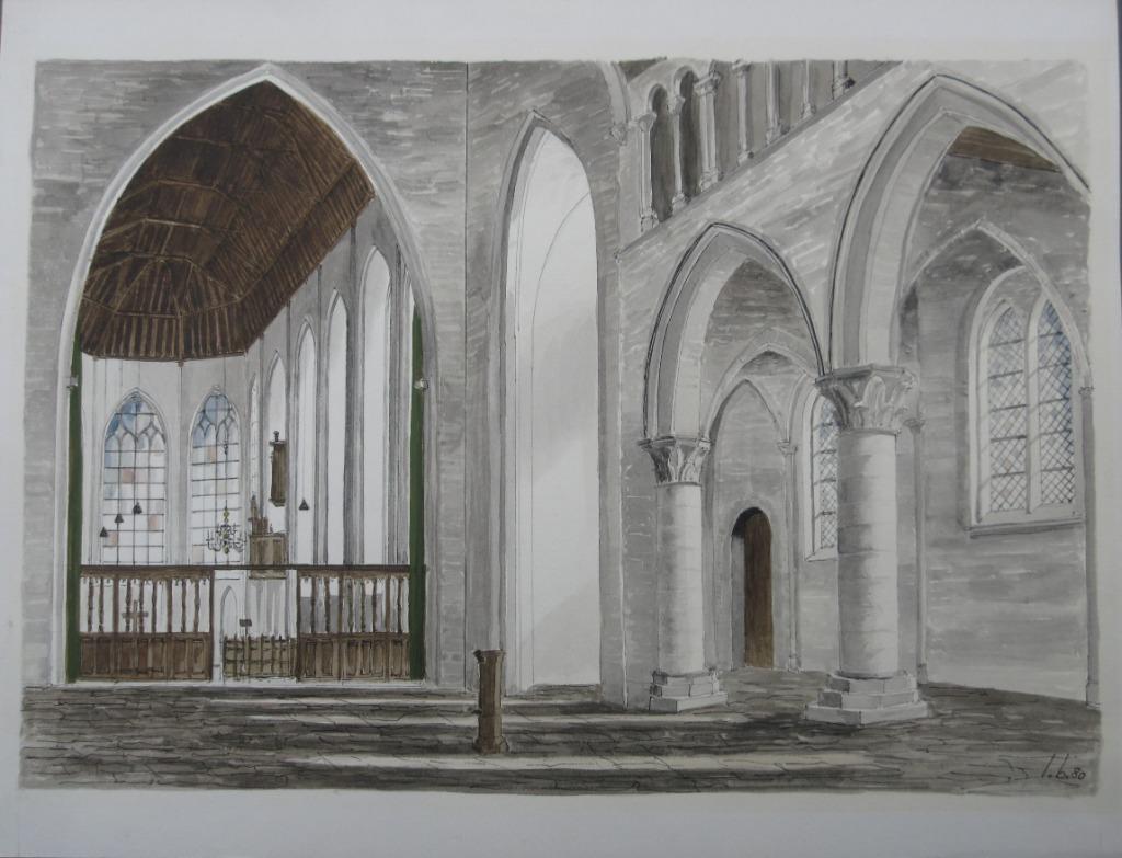Aquarel L. Boschmans - Aardenburg Interieur Sint Baafskerk, Ophalen of Verzenden
