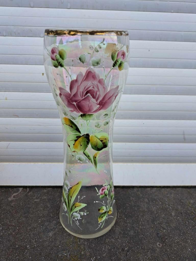 vase en verre emaille decor fleur, Enlèvement ou Envoi