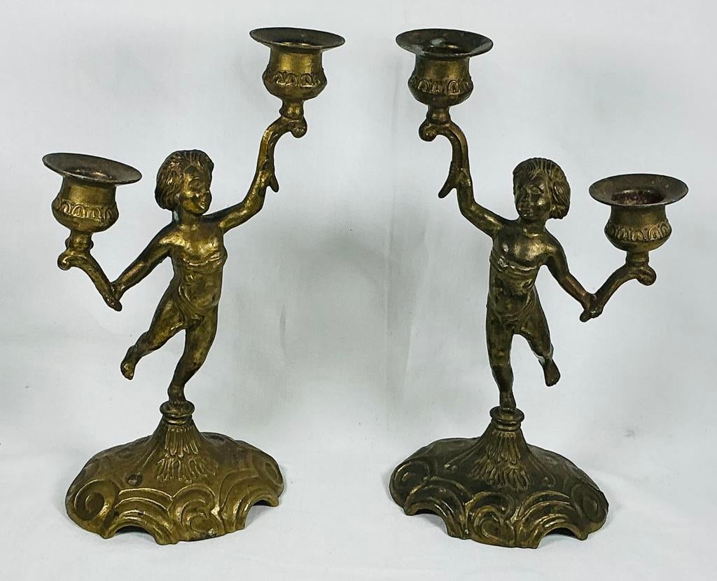 Ensemble de chandeliers chérubin en bronze en laiton antique, Enlèvement ou Envoi, Cuivre ou Bronze