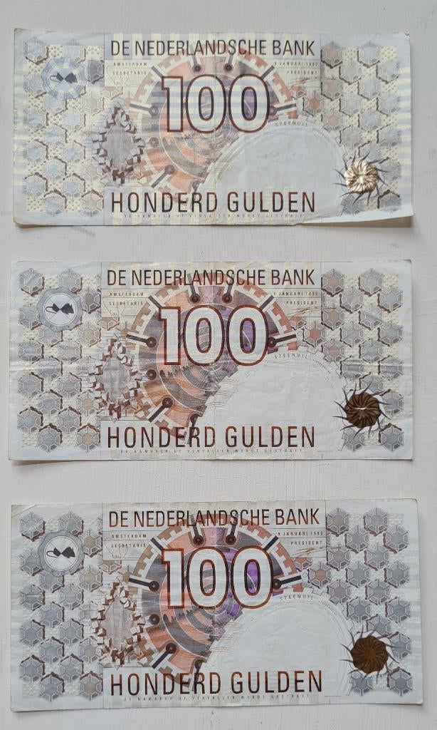 3 x 100 Nederlandse Gulden Steenuil 1992, Postzegels en Munten, Bankbiljetten | Nederland, Los biljet, 100 gulden, Ophalen of Verzenden