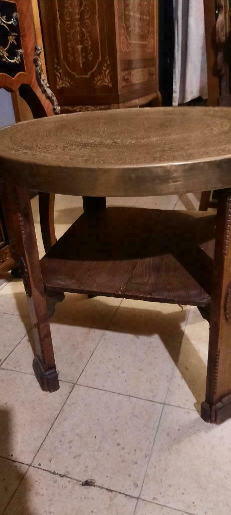 antiek  ronde tafel koper hout, Enlèvement ou Envoi