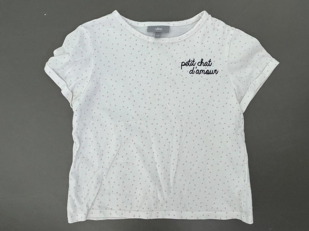 Witte t-shirt met fijne roze fluwelen bolletjes maat 116, Kinderen en Baby's, Kinderkleding | Maat 116, Meisje, Ophalen of Verzenden