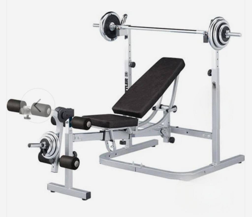 350€ Banc de développé couché Ketller + barres + poids., Aluminium, Comme neuf, Enlèvement, Couché
