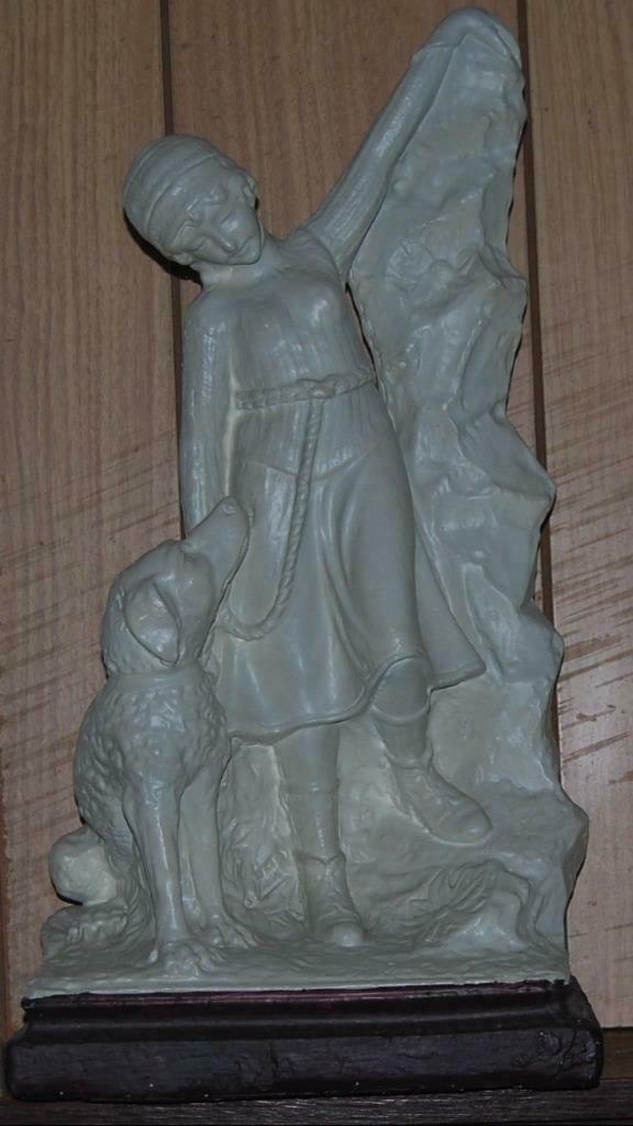 Brocante statue alpiniste avec chien, plâtre, Antiquités & Art, Enlèvement ou Envoi