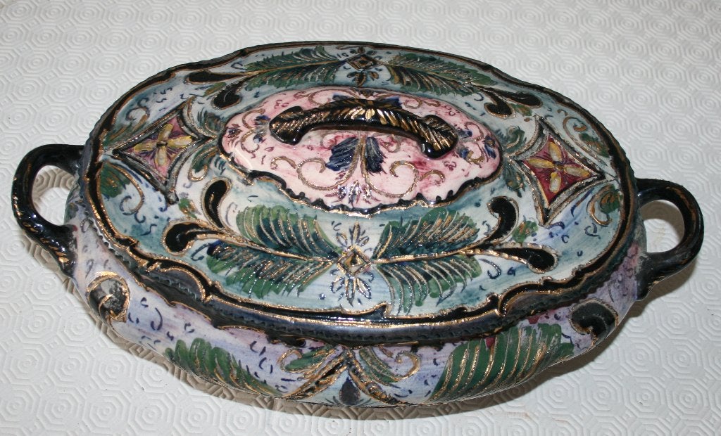 Soupière ancienne en céramique Barbotine - Rouge Fontaine, Antiquités & Art, Antiquités | Céramique & Poterie, Enlèvement