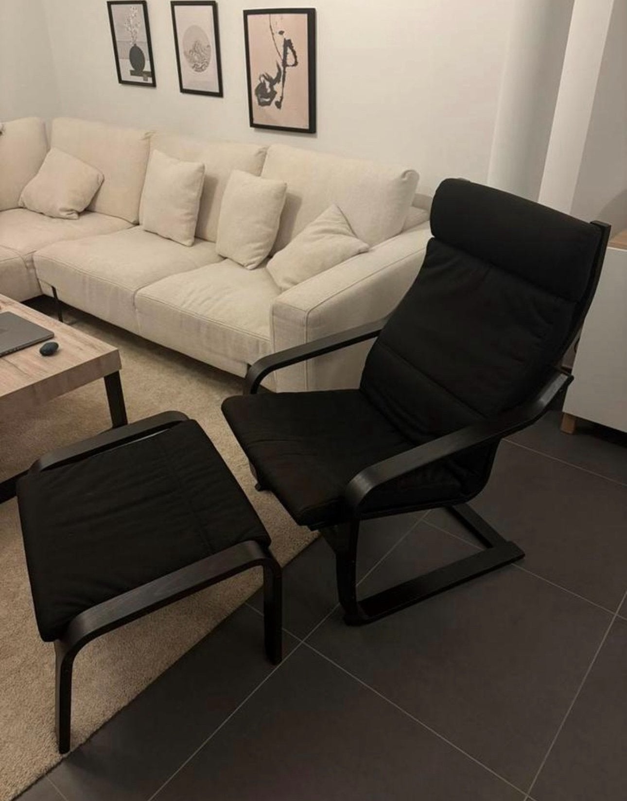 Fauteuil noir IKEA POANG et repose-pied, Huis en Inrichting, Ophalen, Gebruikt