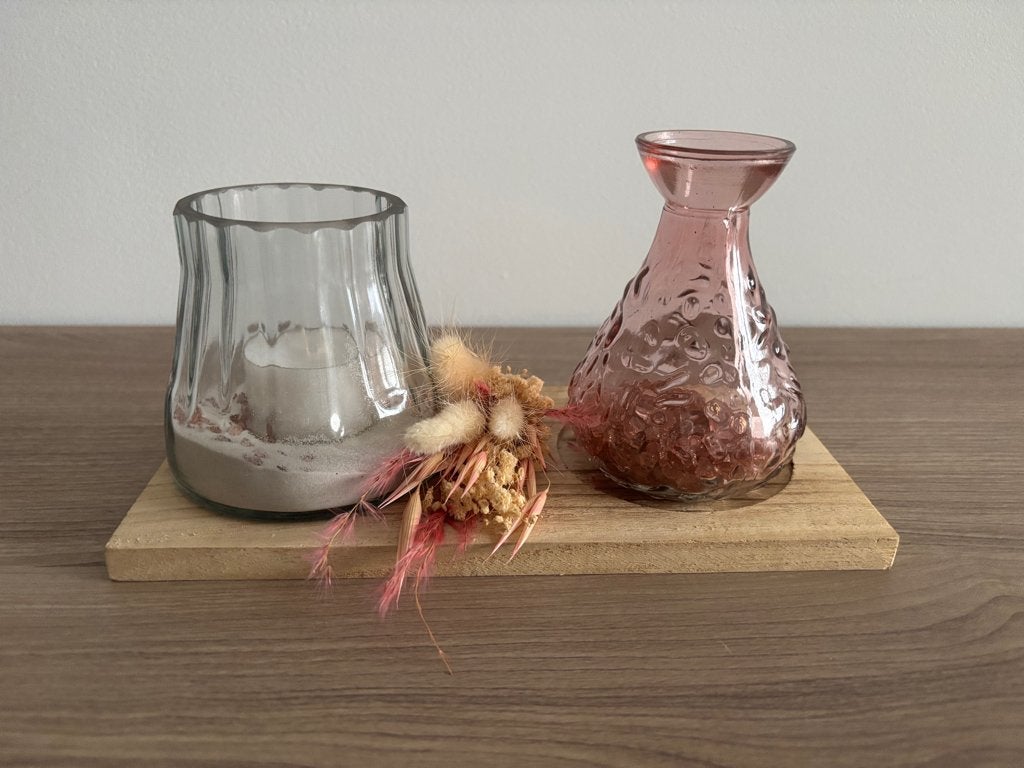 kaarsje en vaasje op houten plateau, Ophalen, Zo goed als nieuw