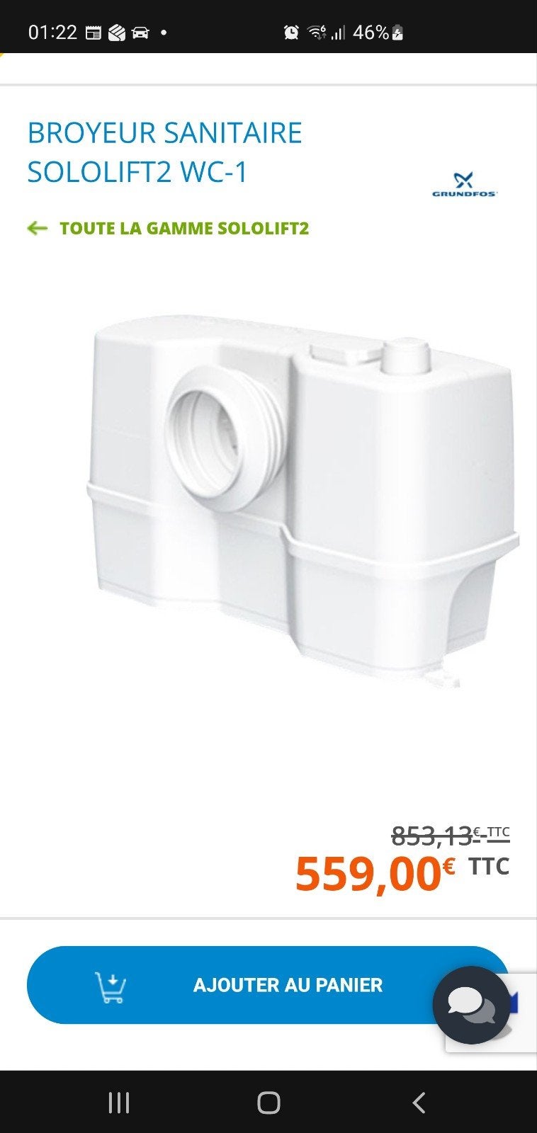 broyeur sanitaire grundfos sololift 2 WC neuf, Enlèvement