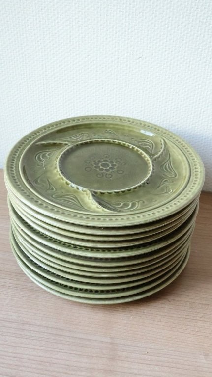 vintage olijfgroene keramieken fondueborden, Ophalen, Gebruikt, Keramiek, Vintage