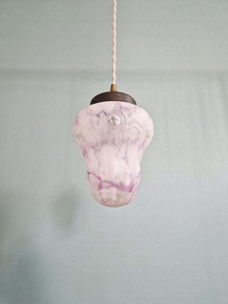 Art Deco hanglamp in wit en paars gespikkeld glas, 1920, Ophalen of Verzenden