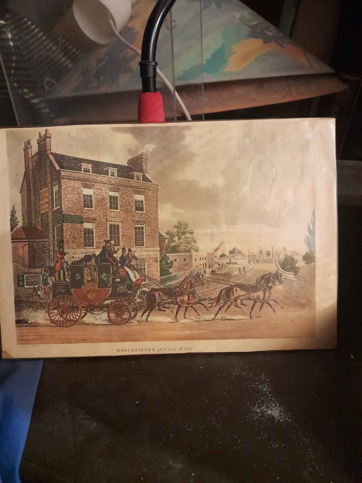 Reproductie 'The mail coach changing horses" J Pollard, Ophalen of Verzenden, Tekening