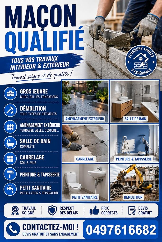 Maçon qualifié – Tous travaux intérieur extérieur, Diensten en Vakmensen, Klusjesman en Klusbedrijf